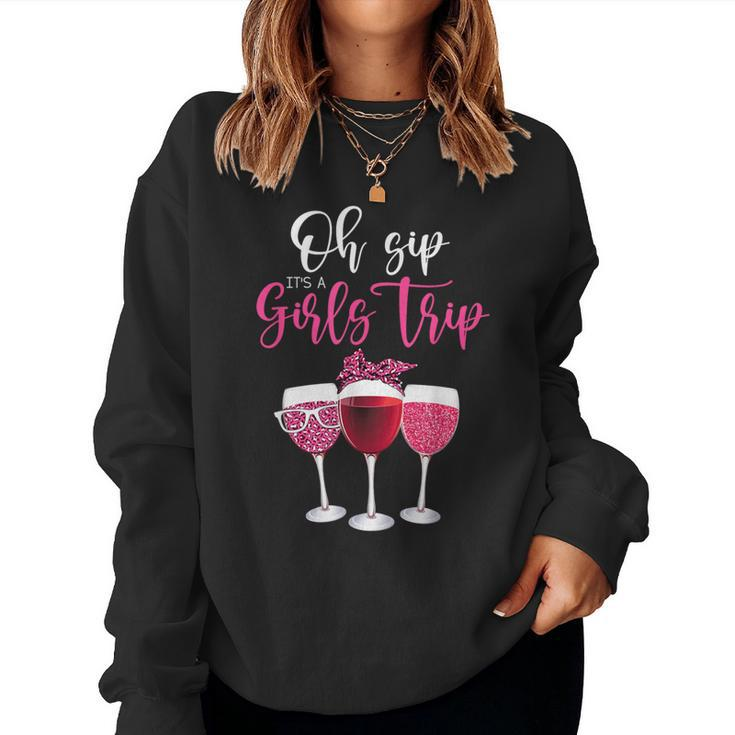 Oh Sip It's A Girls Trip Leopard Print Wine Glasses Women Sweatshirt