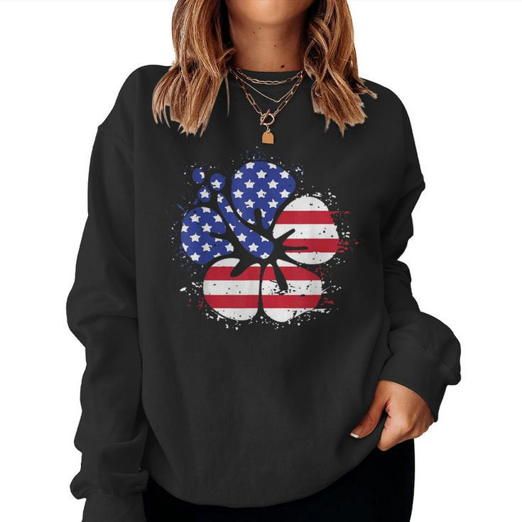 Patriotic Hawaii Hibiscus Flower Grunge Style American Flag Women Sweatshirt