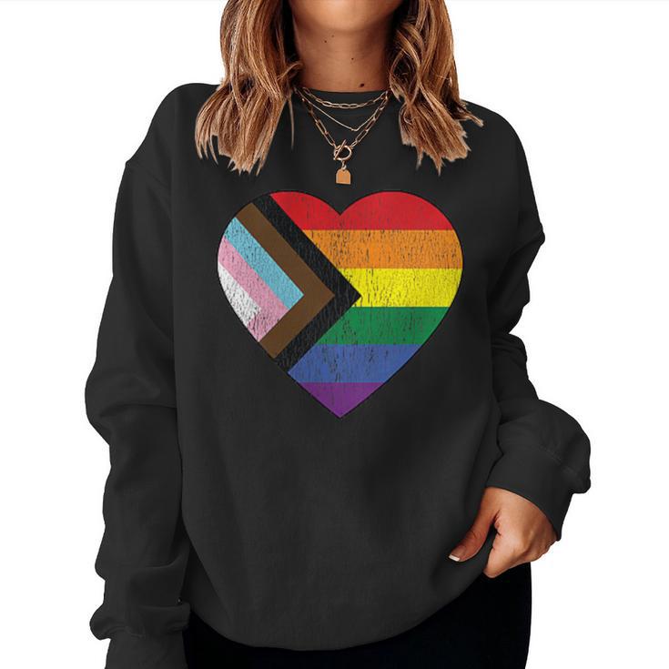 Progress Pride Flag Vintage Rainbow Heart Love Lgbt Pocket Women Sweatshirt