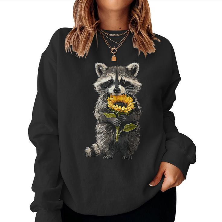 Raccoon Holding Sunflower Cute Flower Women Sweatshirt