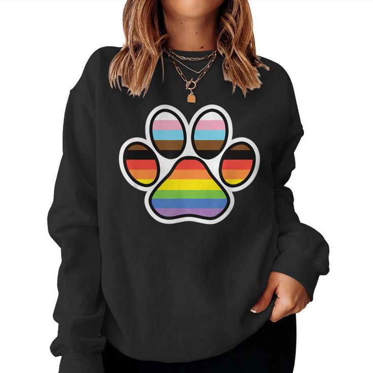 Rainbow Dog Paw Print Lgbtq Progressive Pride Flag Inclusive Women Sweatshirt Mazezy