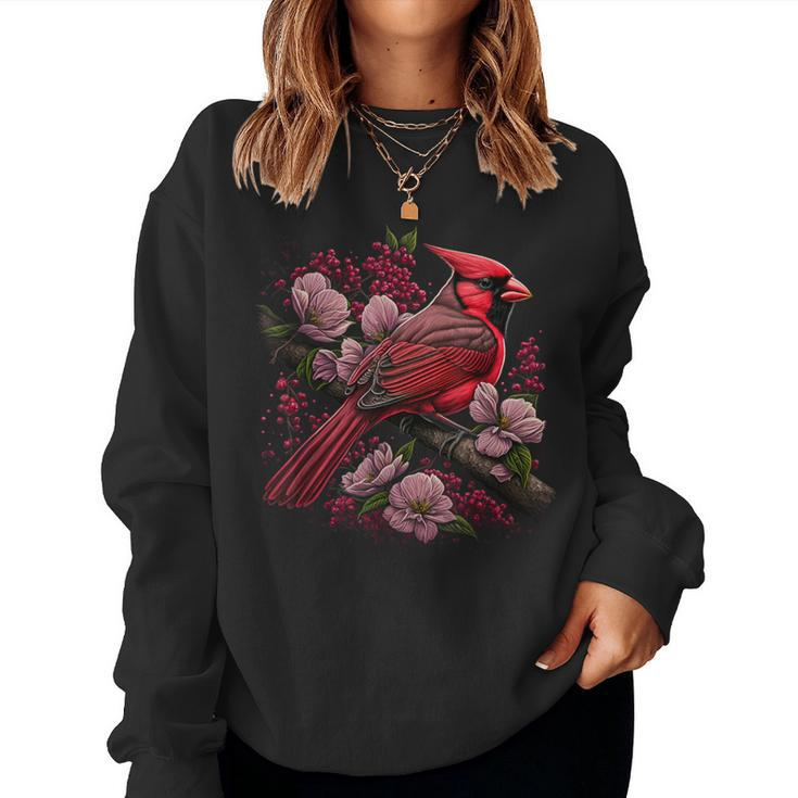Red Cardinal Bird And Pink Flowering Dogwood Blossoms Women Sweatshirt