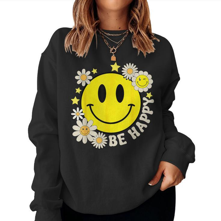 Retro Groovy Be Happy Smile Face Daisy Flower 70S Women Sweatshirt
