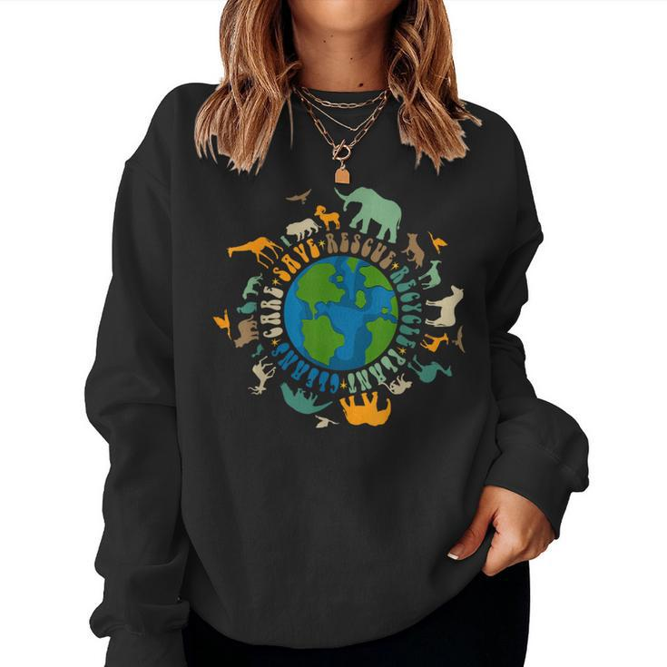 Retro Groovy Save Bees Rescue Animals Recycle Fun Earth Day Women Sweatshirt