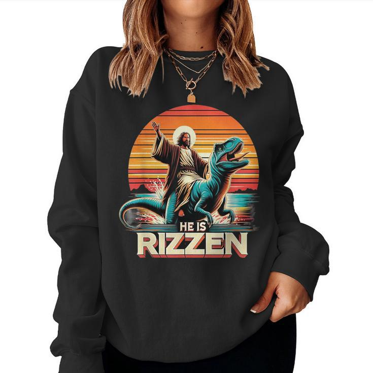 He Is Rizzen Jesus Retro Christian Dinosaur Women Sweatshirt