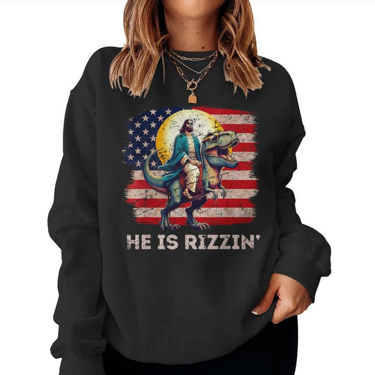 He Is Rizzen Jesus Has Rizzen Retro Christian Dinosaur Women Sweatshirt