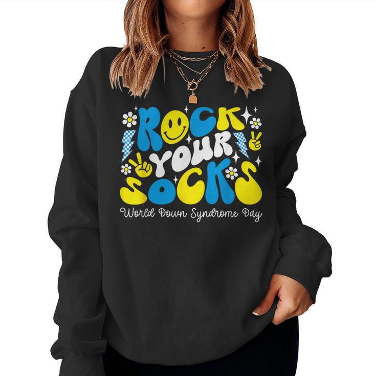 Rock Your Socks Down Syndrome Awareness Day Groovy Wdsd Women Sweatshirt