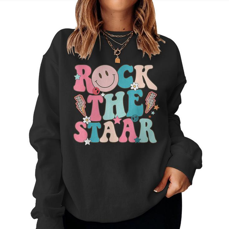 Rock The Staar Test Te Day Retro Groovy Teacher Stars Women Sweatshirt