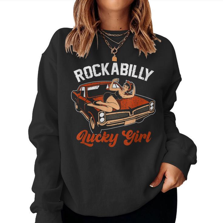 Rockabilly Lucky Girl Classic Old Car Retro Pin Up Girl Women Sweatshirt