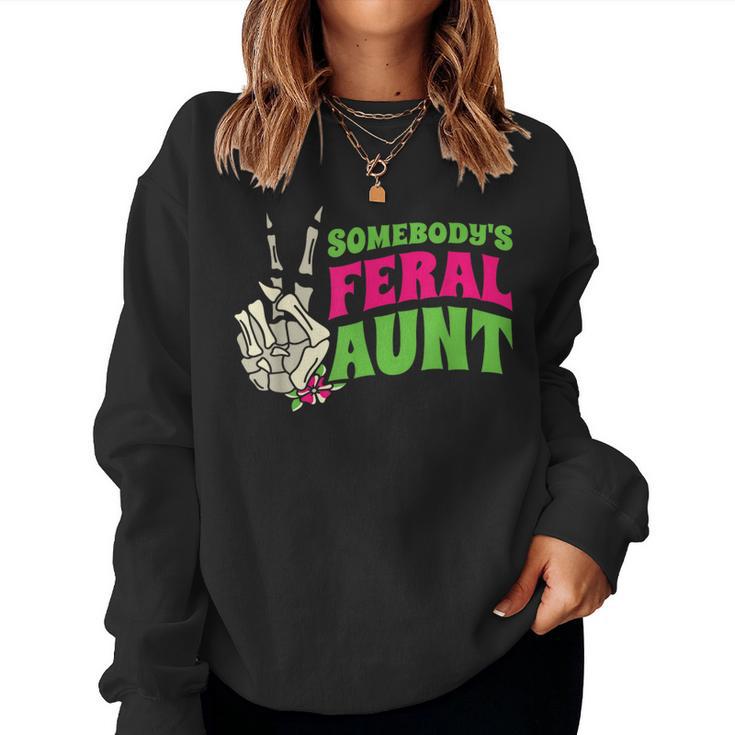 Somebodys Feral Aunt Auntie Sarcasm Groovy Pregnancy Reveal Women Sweatshirt