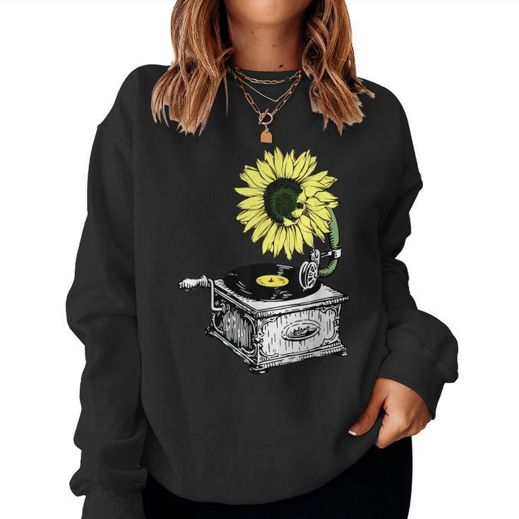 Sunflower Retro Vintage Classic Vinyl Record Player Women Sweatshirt