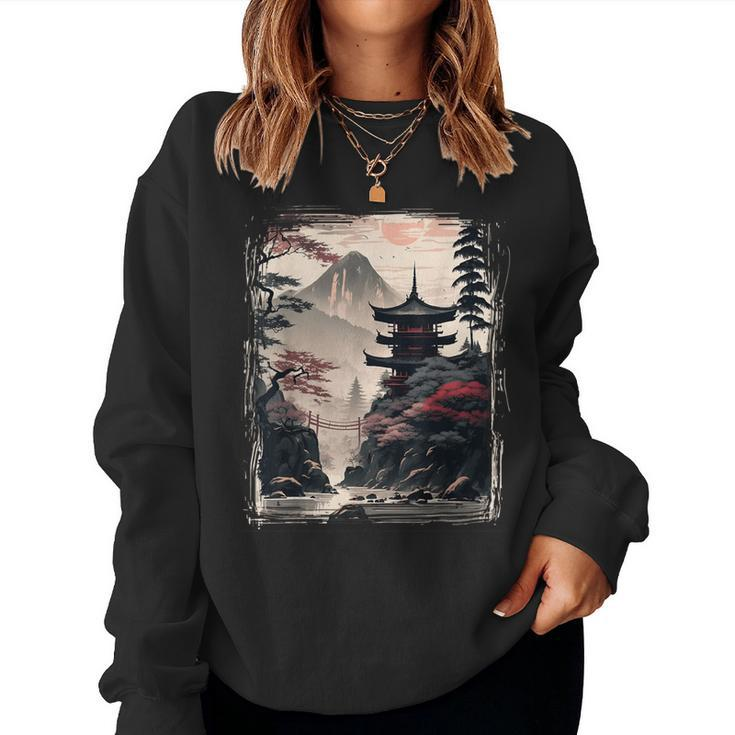 Vintage Japanese Flower Mountain View Landscape Graphic Women Sweatshirt
