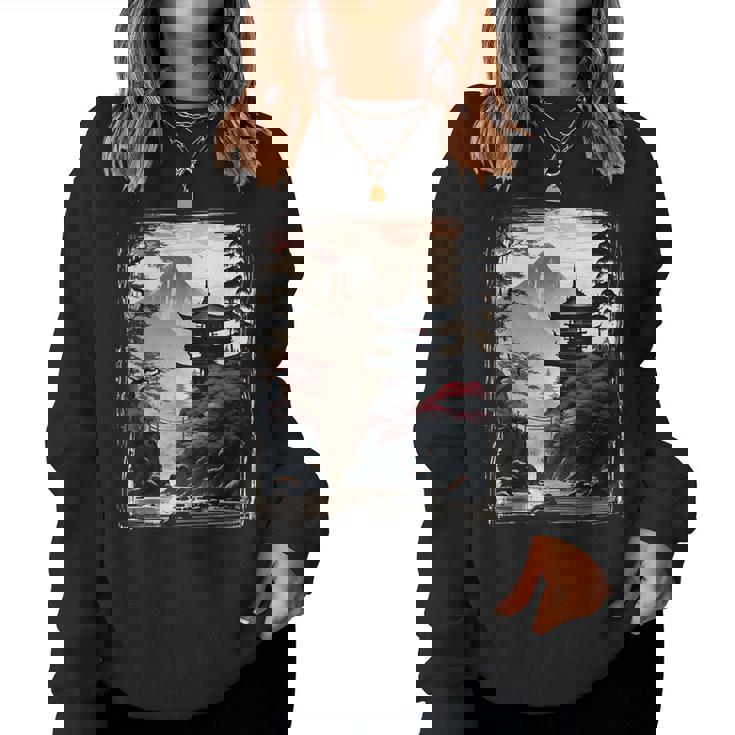 Vintage Japanese Flower Mountain View Landscape Graphic