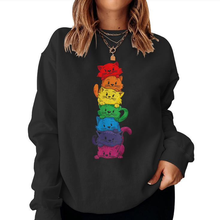 Vintage Lgbt Cat Stack Rainbow Gay Pride For Cat Lover Women Sweatshirt