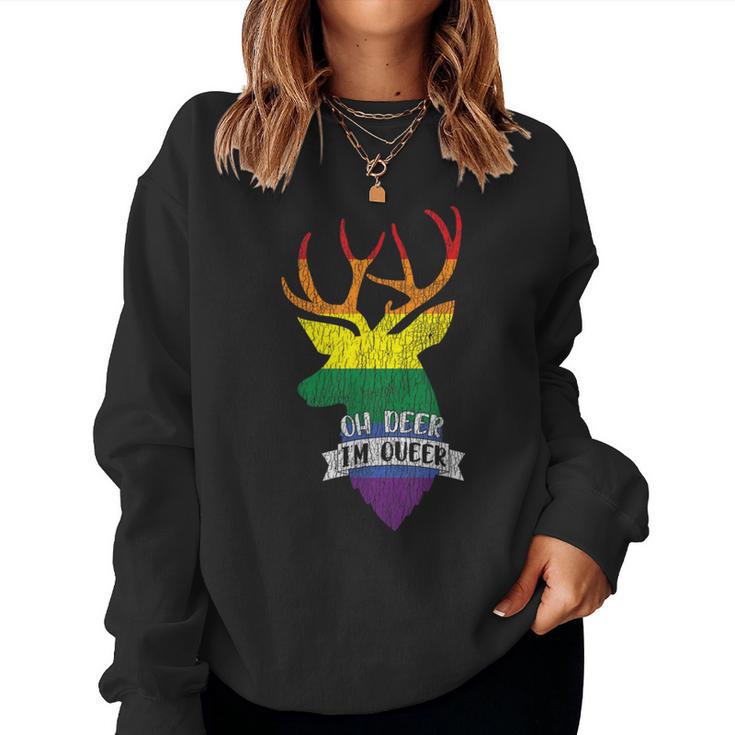 Vintage Rainbow Oh Deer I'm Queer Pride Lesbian Gay Lgbtq Women Sweatshirt