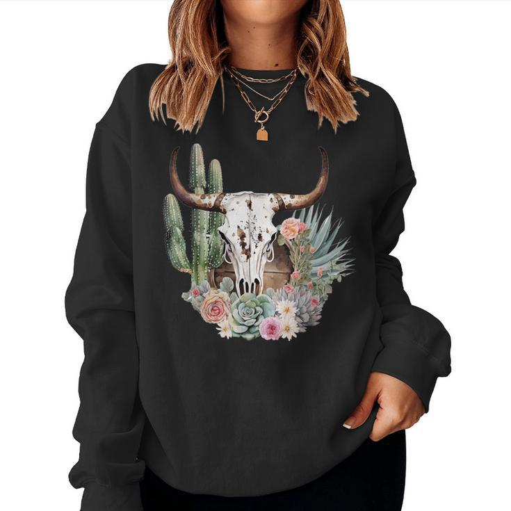 Western Boho Chic Longhorn Bull Skull Cactus Beige Pattern Women Sweatshirt