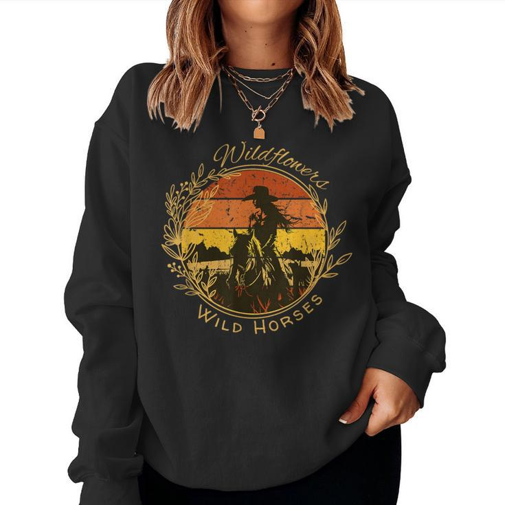 Wild Flowers And Wild Horses Vintage Sunset Country Cowgirl Women Sweatshirt