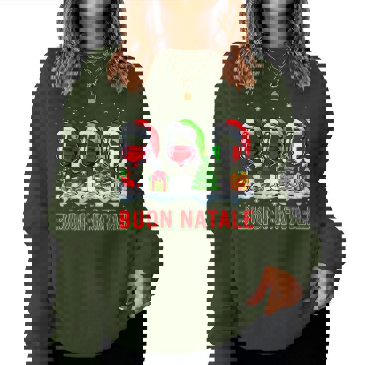 Buon Natale Merry Christmas Italian Three Santa Wine Glasses Women Sweatshirt
