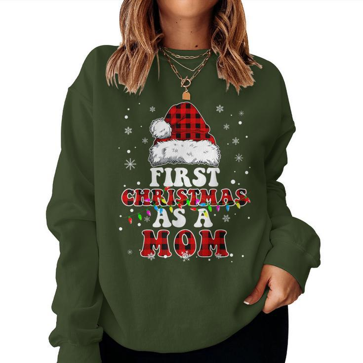 First Christmas As A Mom Santa Hat Red Plaid Buffalo Women Sweatshirt