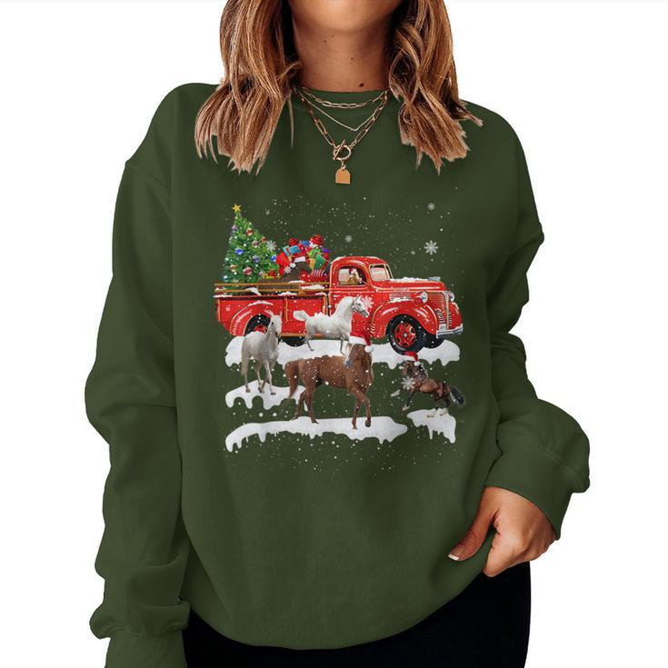 Horse Riding Red Truck Merry Christmas Farmer X-Mas Ugly Women Sweatshirt