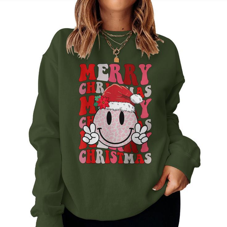 Merry Christmas Smile Face Santa Claus Hat Groovy Retro Women Sweatshirt