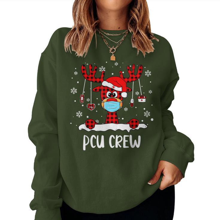 Pcu Crew Buffalo Plaid Face Mask Reindeer Nurse Xmas Women Sweatshirt