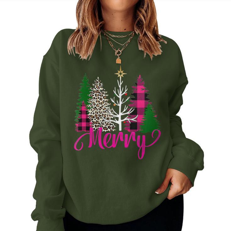 Pink Buffalo Plaid Christmas Tree Leopard Merry Christmas Women Sweatshirt