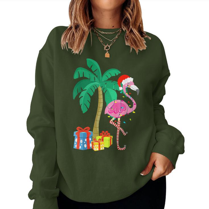Pink Flamingo Christmas Palm Tree Tropical Xmas Women Sweatshirt