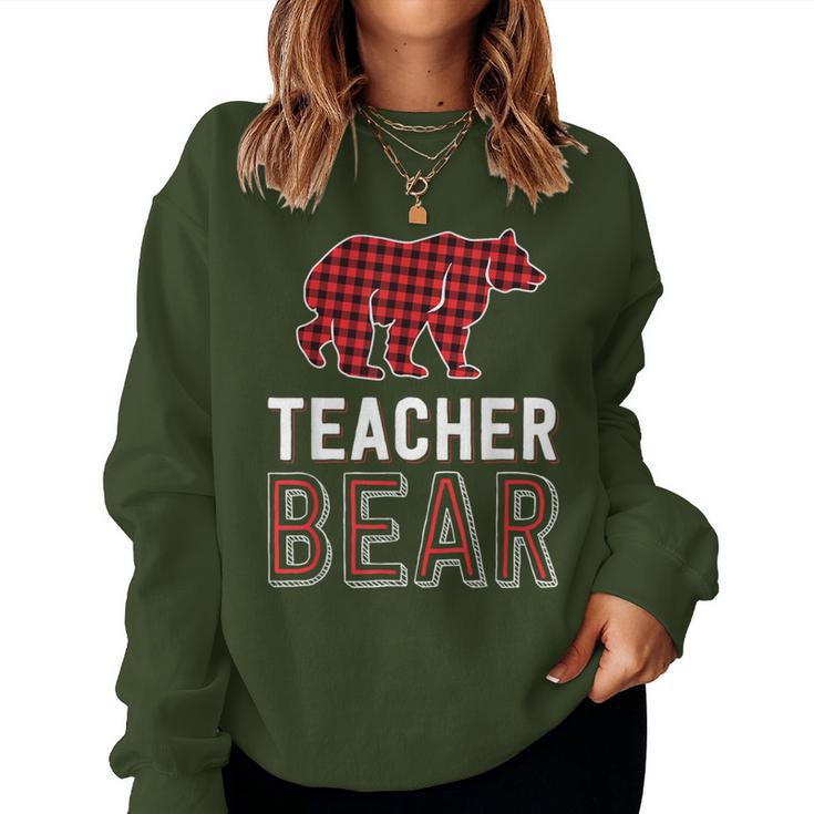 Teacher Bear Red Buffalo Plaid Matching Teacher Christmas Women Sweatshirt