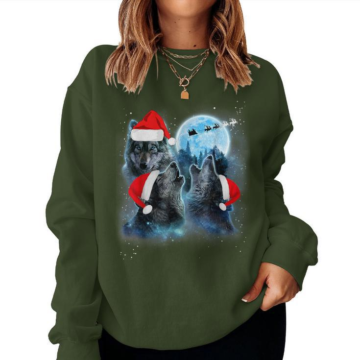 Three Wolves Howling Under Moon Christmas Santa Wolf Lover Women Sweatshirt
