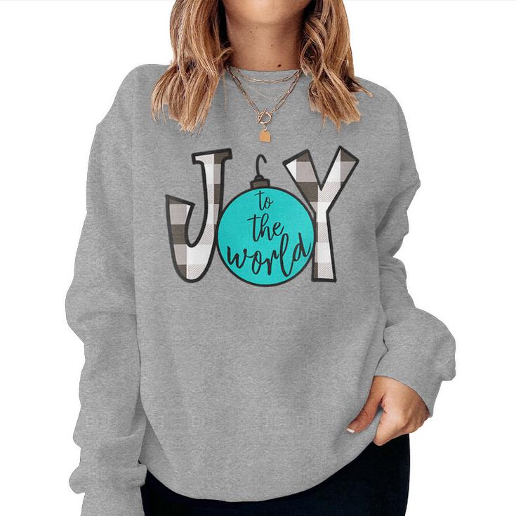 Joy To The World Black White Teal Buffalo Plaid Christmas Women Sweatshirt