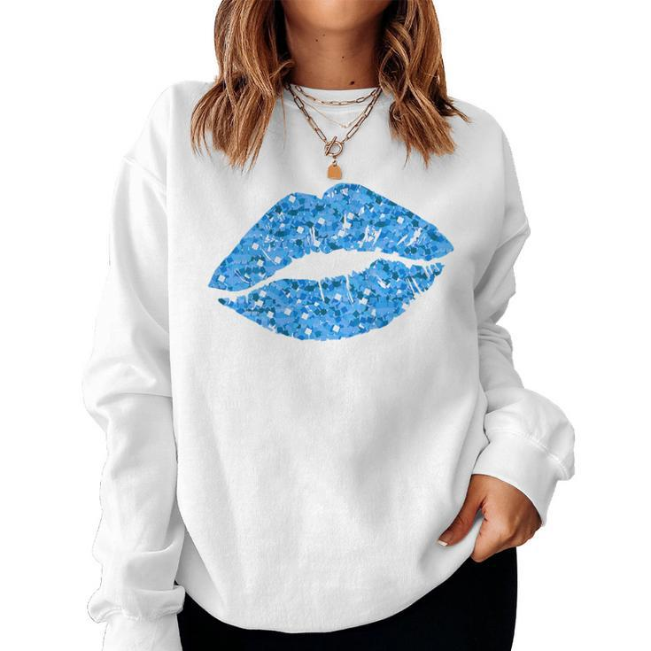 80S & 90S Kiss Mouth Lips Motif Vintage Blue Women Sweatshirt