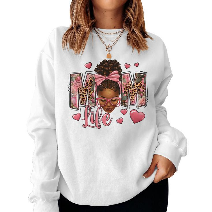 Afro Messy Bun Mom Life Pink Roses Black Mom Mother's Day Women Sweatshirt