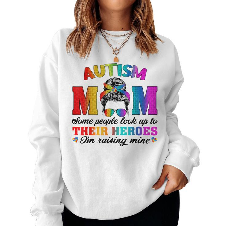 Autism Mom Raising Hero Groovy Messy Bun Autism Awareness Women Sweatshirt