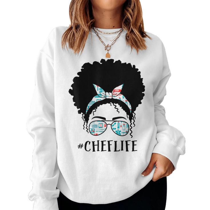 Chef Black Afro Messy Bun Crew African American Women Women Sweatshirt