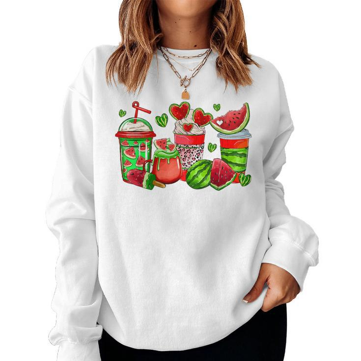 Cute Cups Of Iced Coffee Watermelon Tropical Summer Vacation Women Sweatshirt