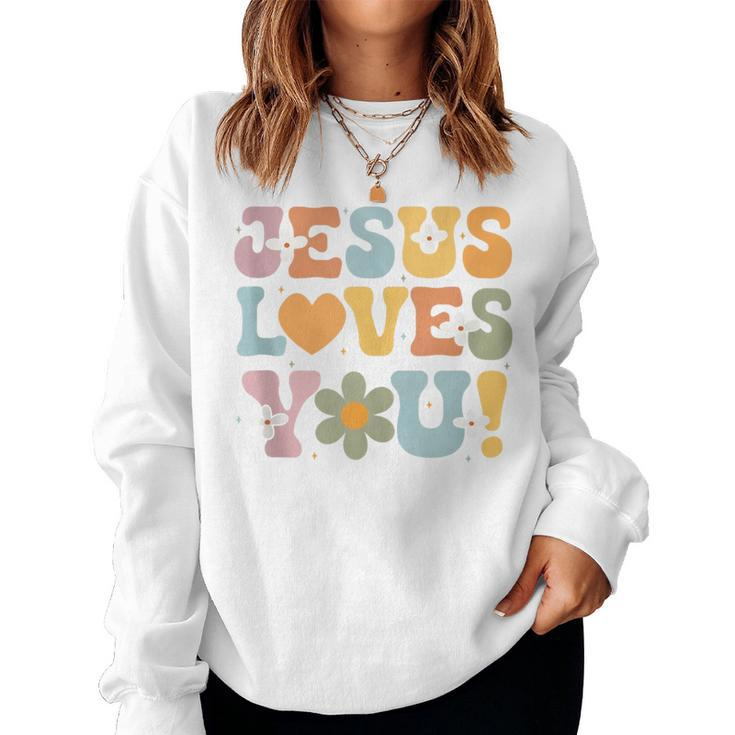 Cute Jesus Loves You Groovy Christian Kid Girl Vintage Women Sweatshirt