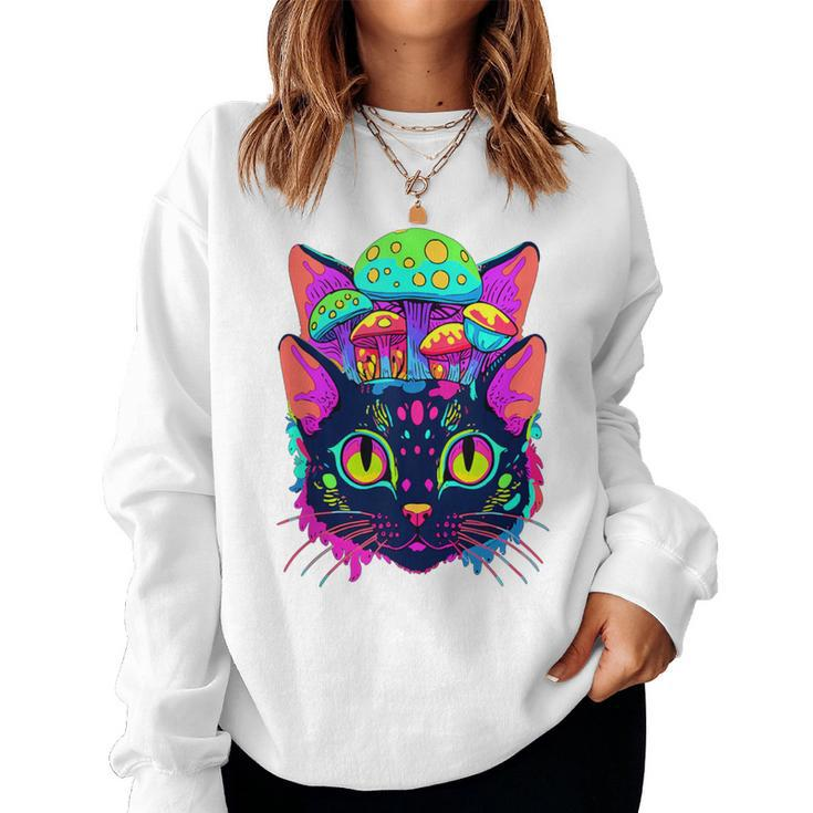 Edm Rave Trippy Cat Mushroom Psychedelic Festival Women Sweatshirt