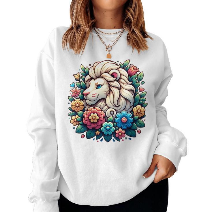 Floral Lion Head With Vintage Flowers Cartoon Animal Lover Women Sweatshirt
