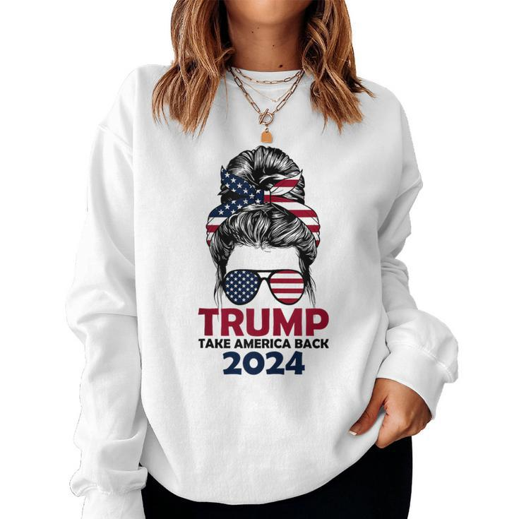 Messy Bun Support Trump 2024 Flag Take America Back Women Sweatshirt