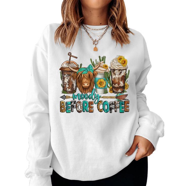 Moody Before Coffee Western Longhaired Cow Highland Cow Women Sweatshirt