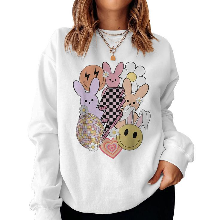 Retro Groovy Easter Vibes Smile Face Rabbit Bunny Girl Women Sweatshirt