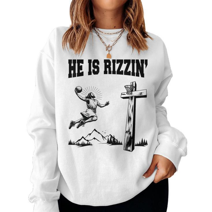 He Is Rizzin Meme Basketball Retro Christian Cross Religious Women Sweatshirt