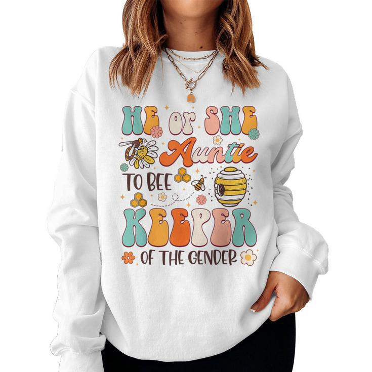 He Or She Auntie To Bee Keeper Of The Gender Reveal Groovy Women Sweatshirt