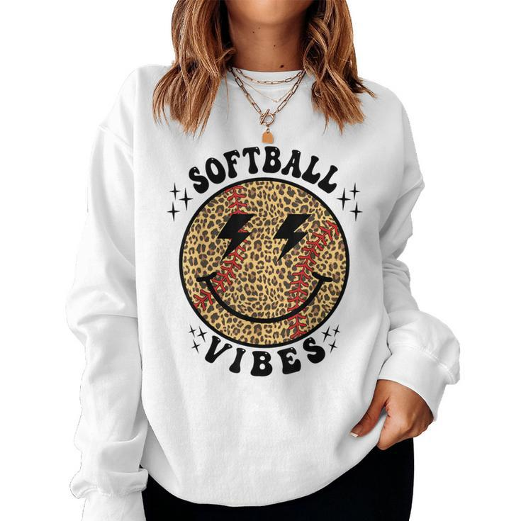 Smile Face Softball Vibes Game Day Softball Life Mom Retro Women Sweatshirt
