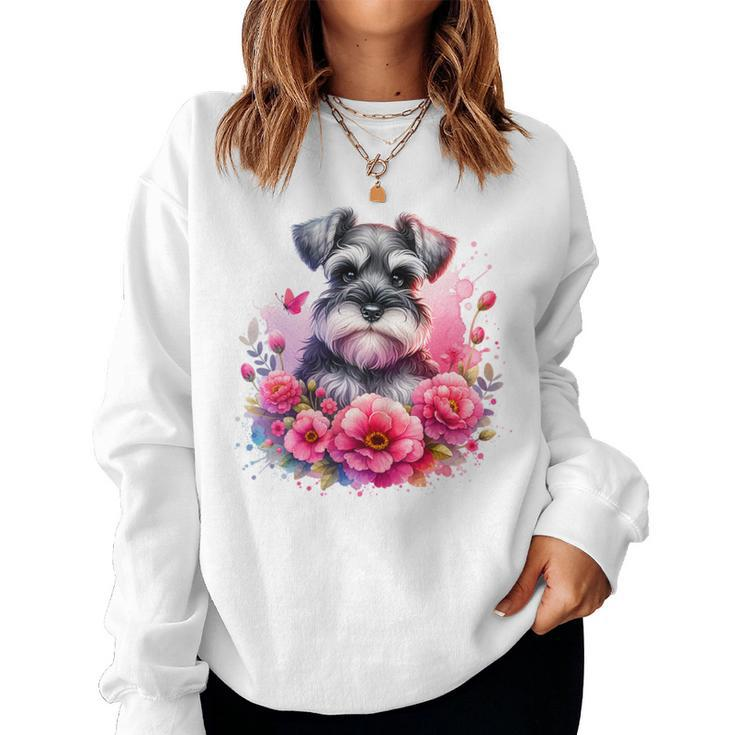 Watercolor Cute Miniature Schnauzer Dog Mom Pink Flowers Women Sweatshirt