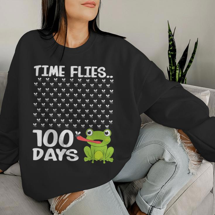 100 Days School Boys Girls Frog Time Flies Fly 100Th Women Sweatshirt Gifts for Her
