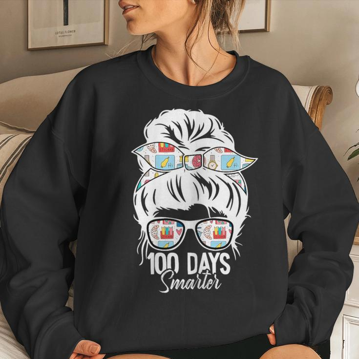 100 Days Smarter 100Th Day Of School Messy Bun Mom Women Sweatshirt Gifts for Her