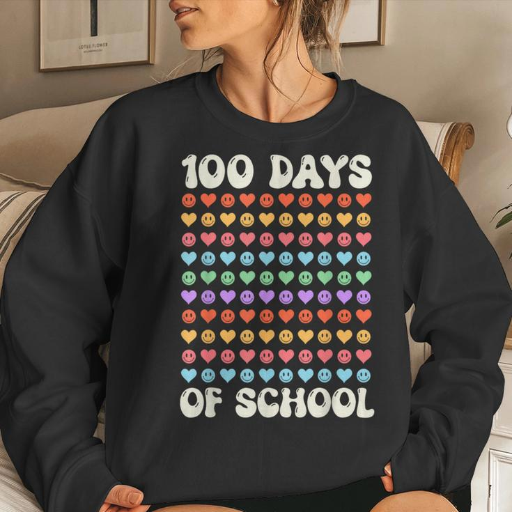 100Th Day 100 Days Of School Retro Groovy Hearts 100Th Women Sweatshirt Gifts for Her