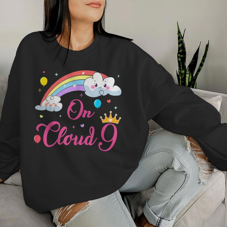 9 Year Old Birthday Decorations Rainbow On Cloud Nine 9Th Women Sweatshirt Gifts for Her